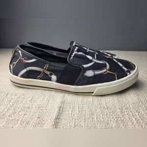 Lauren Ralph Lauren Black Slip-On Sneakers with Gold & White Chain Print